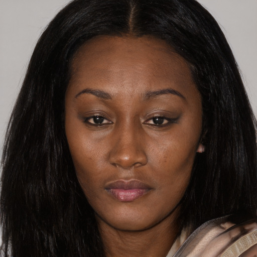 Neutral asian young-adult female with long  brown hair and brown eyes