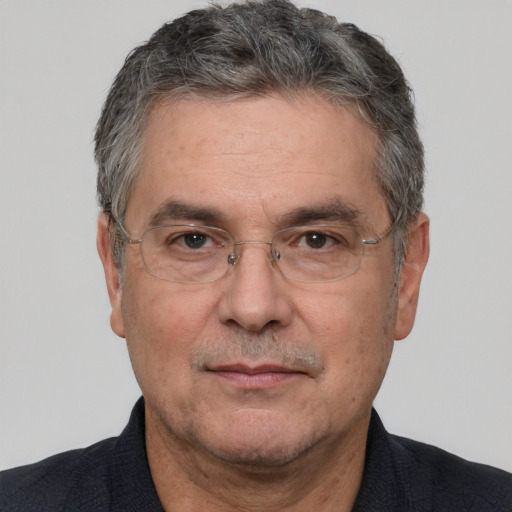 Neutral white middle-aged male with short  black hair and brown eyes