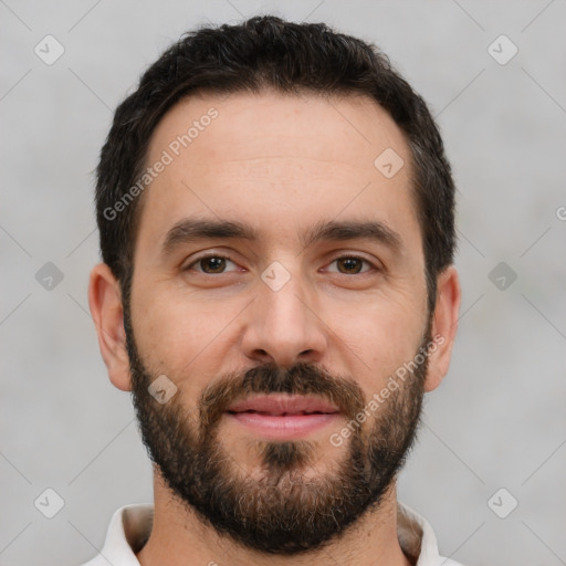 Neutral white young-adult male with short  brown hair and brown eyes