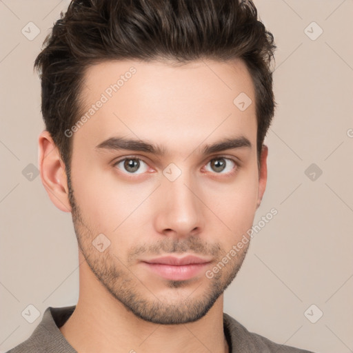 Neutral white young-adult male with short  brown hair and brown eyes