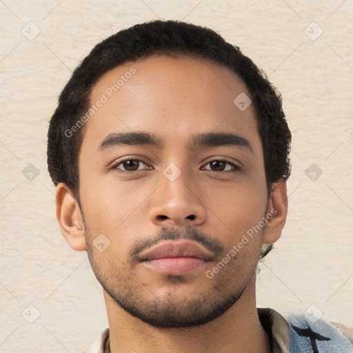 Neutral latino young-adult male with short  black hair and brown eyes