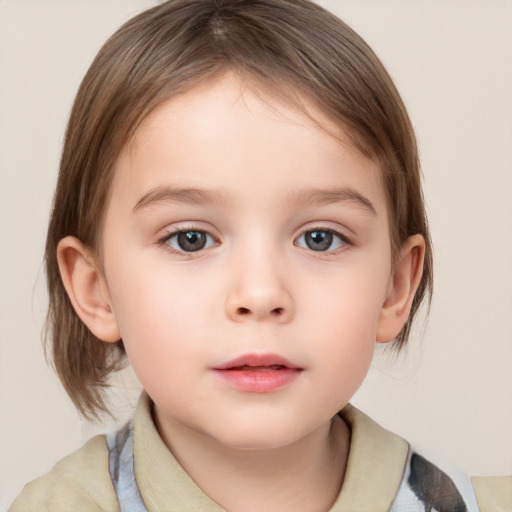 Neutral white child female with medium  brown hair and grey eyes