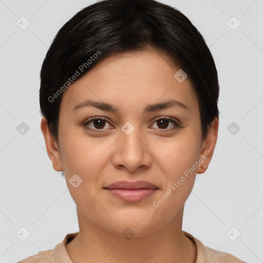 Joyful white young-adult female with short  brown hair and brown eyes