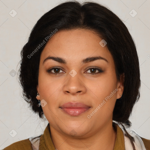 Joyful latino young-adult female with medium  brown hair and brown eyes