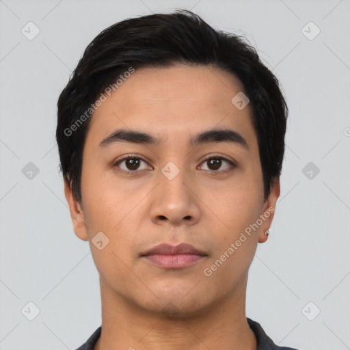 Neutral asian young-adult male with short  black hair and brown eyes