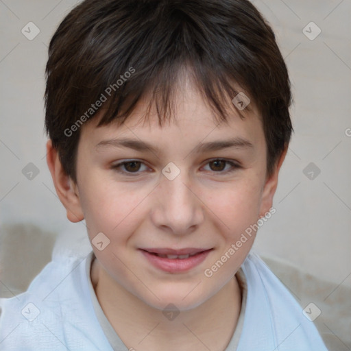 Joyful white child female with short  brown hair and brown eyes