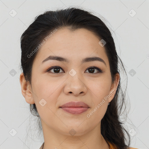 Joyful asian young-adult female with medium  brown hair and brown eyes