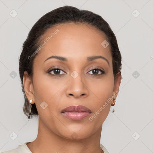 Joyful latino young-adult female with short  brown hair and brown eyes