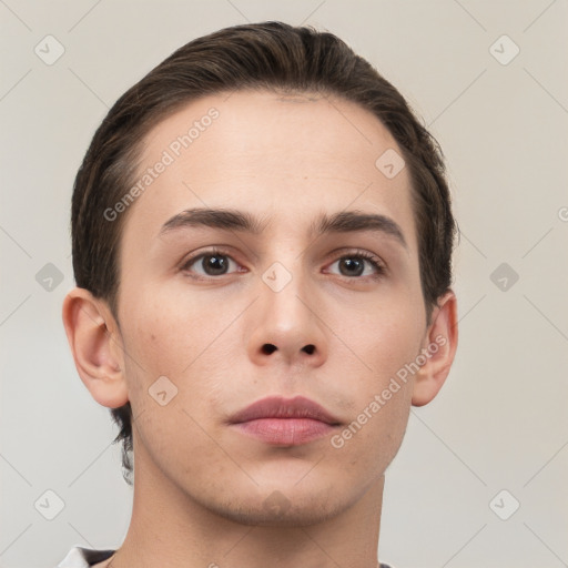 Neutral white young-adult male with short  brown hair and brown eyes