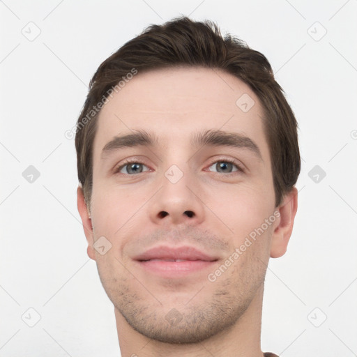 Neutral white young-adult male with short  brown hair and brown eyes