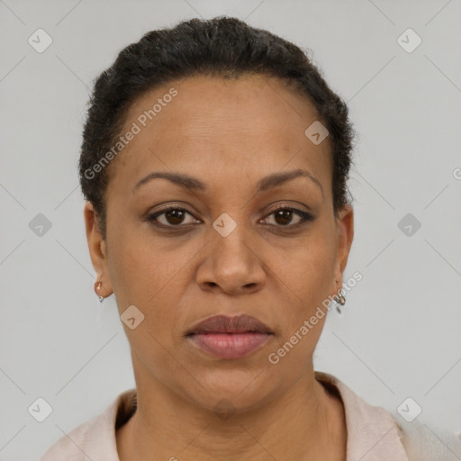 Joyful black adult female with short  brown hair and brown eyes