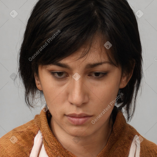 Neutral white young-adult female with medium  brown hair and brown eyes