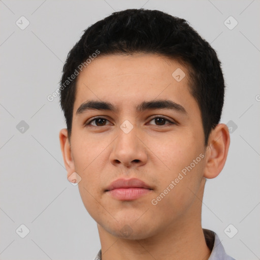 Neutral latino young-adult male with short  black hair and brown eyes