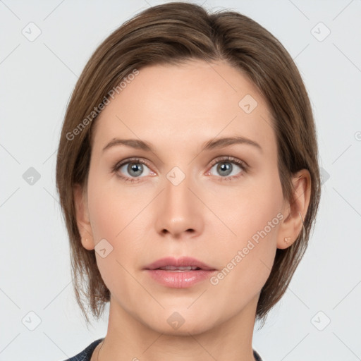 Neutral white young-adult female with medium  brown hair and grey eyes