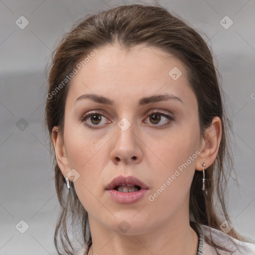 Neutral white young-adult female with medium  brown hair and brown eyes