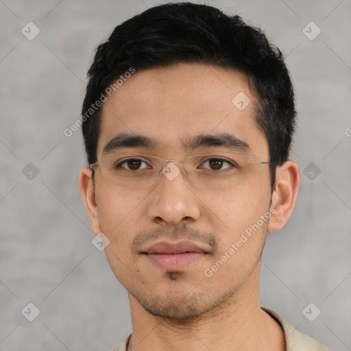 Neutral asian young-adult male with short  black hair and brown eyes