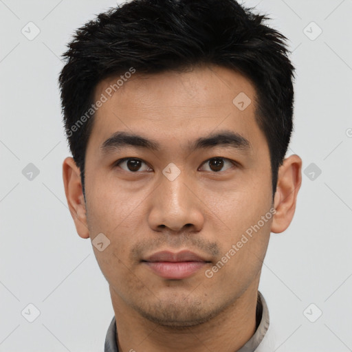 Neutral asian young-adult male with short  black hair and brown eyes