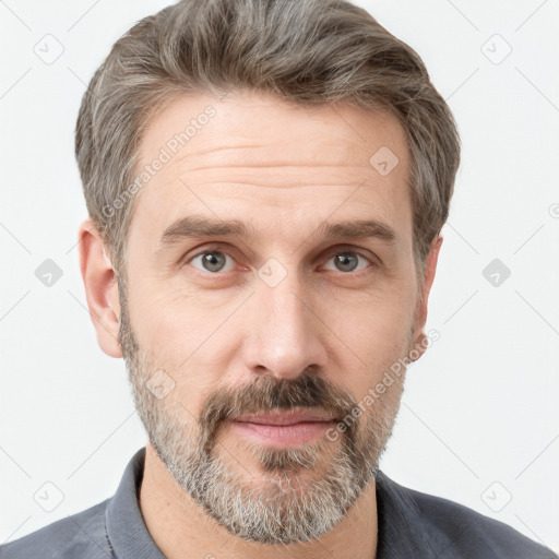 Neutral white adult male with short  brown hair and grey eyes