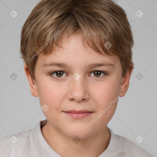 Joyful white child male with short  brown hair and brown eyes