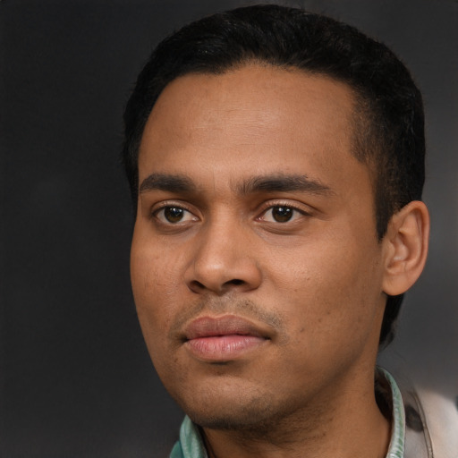 Neutral latino young-adult male with short  black hair and brown eyes