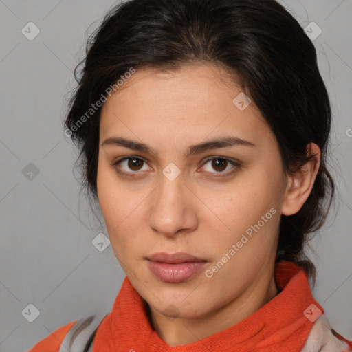 Neutral white young-adult female with medium  brown hair and brown eyes