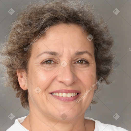 Joyful white adult female with short  brown hair and brown eyes