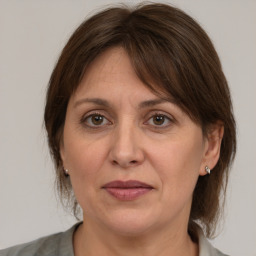 Joyful white adult female with medium  brown hair and brown eyes