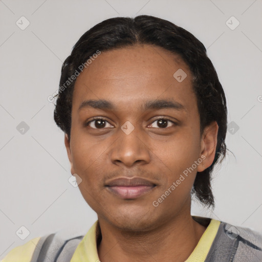 Neutral black young-adult male with short  black hair and brown eyes