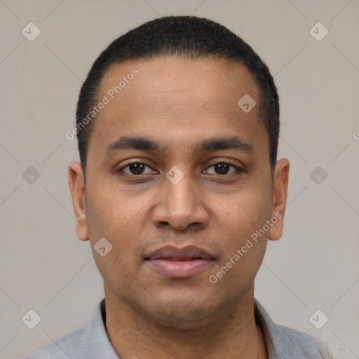 Neutral latino young-adult male with short  black hair and brown eyes