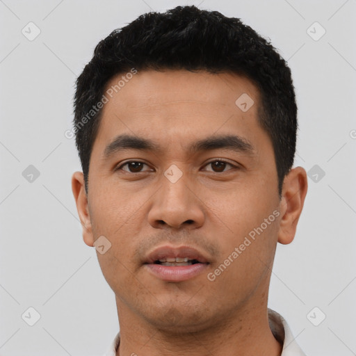 Neutral asian young-adult male with short  black hair and brown eyes