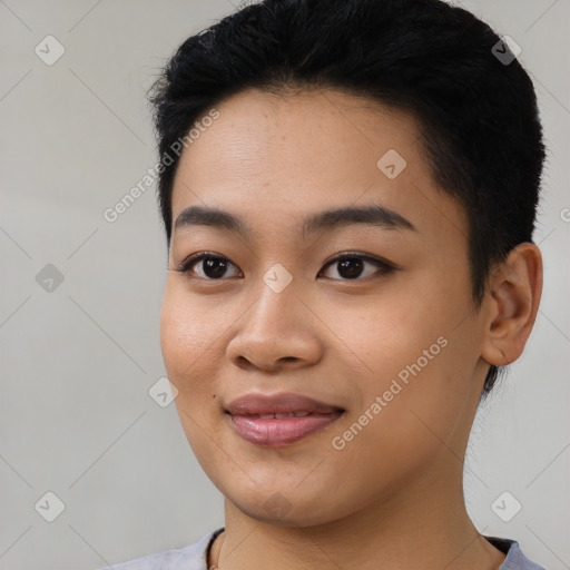 Joyful asian young-adult female with short  black hair and brown eyes