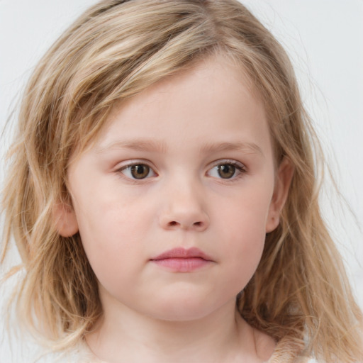 Neutral white child female with medium  brown hair and blue eyes