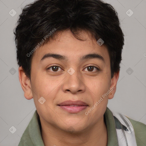 Joyful latino young-adult male with short  brown hair and brown eyes