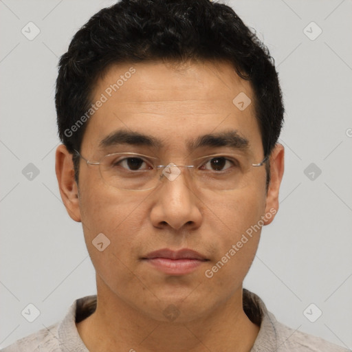 Neutral asian young-adult male with short  black hair and brown eyes