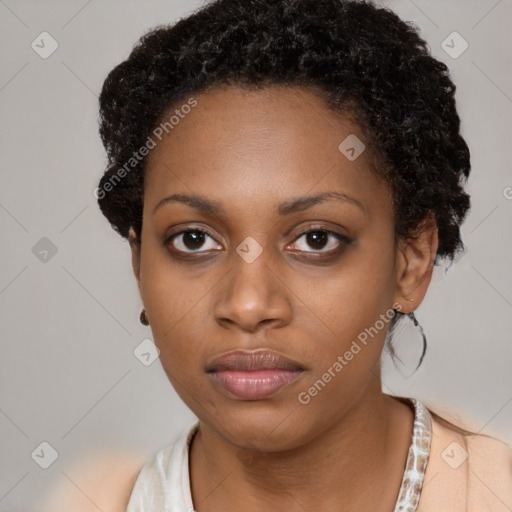 Neutral black young-adult female with short  black hair and brown eyes