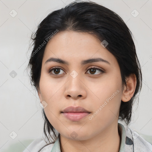 Neutral asian young-adult female with medium  black hair and brown eyes