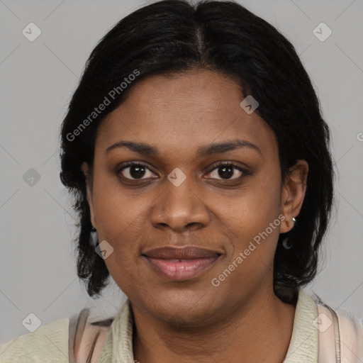 Joyful black young-adult female with medium  black hair and brown eyes