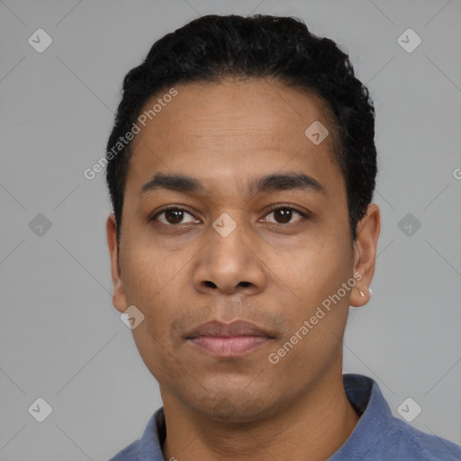 Neutral latino young-adult male with short  black hair and brown eyes