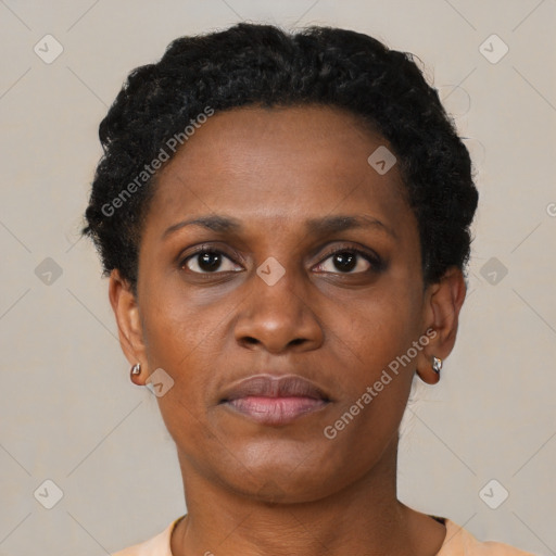 Neutral black young-adult female with short  brown hair and brown eyes