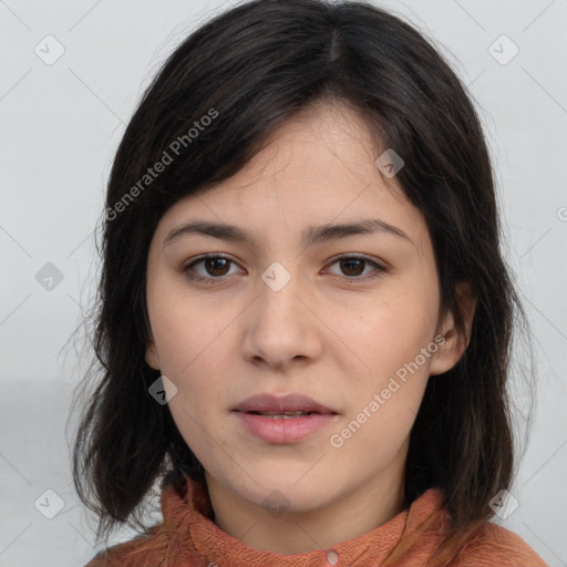 Neutral white young-adult female with medium  brown hair and brown eyes