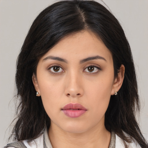 Neutral asian young-adult female with medium  black hair and brown eyes
