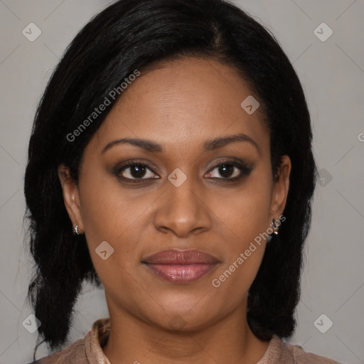Joyful latino young-adult female with medium  brown hair and brown eyes