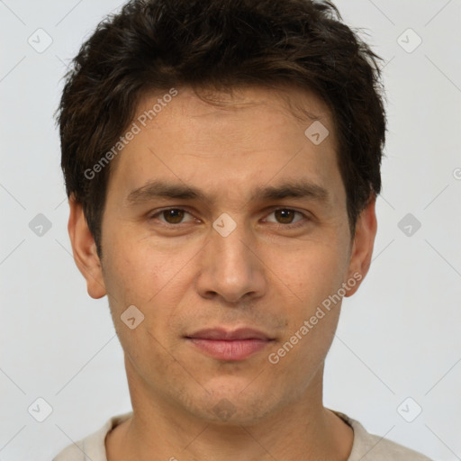 Joyful white young-adult male with short  brown hair and brown eyes