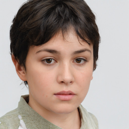 Neutral white young-adult female with short  brown hair and brown eyes