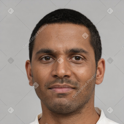 Neutral black young-adult male with short  black hair and brown eyes