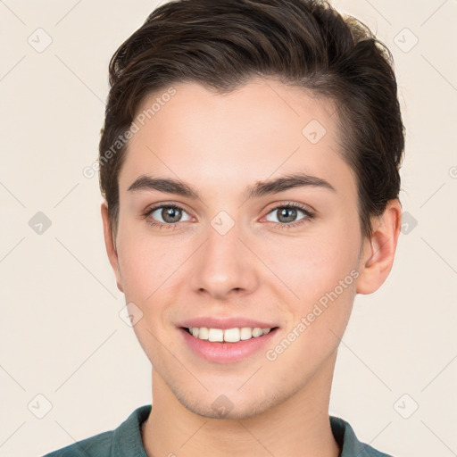 Joyful white young-adult female with short  brown hair and brown eyes