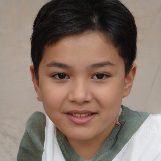 Joyful white child female with short  brown hair and brown eyes