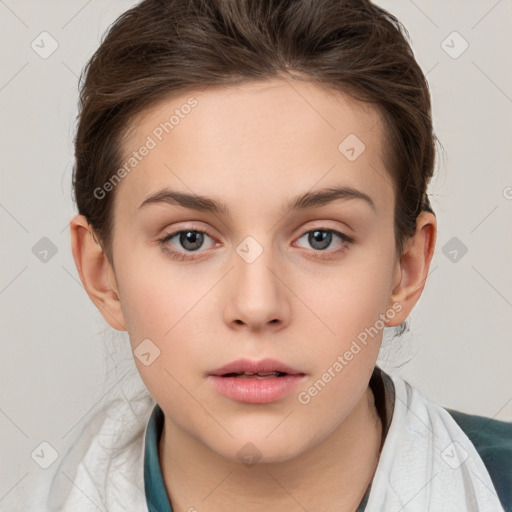 Neutral white young-adult female with medium  brown hair and brown eyes