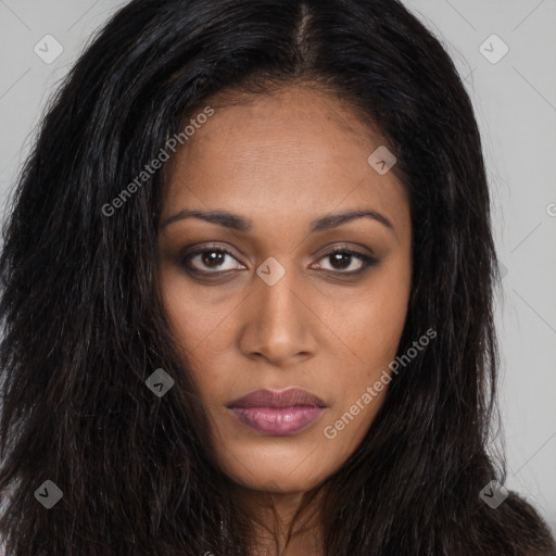 Neutral black young-adult female with long  brown hair and brown eyes