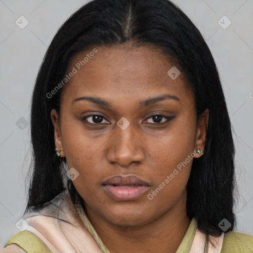 Neutral black young-adult female with medium  brown hair and brown eyes